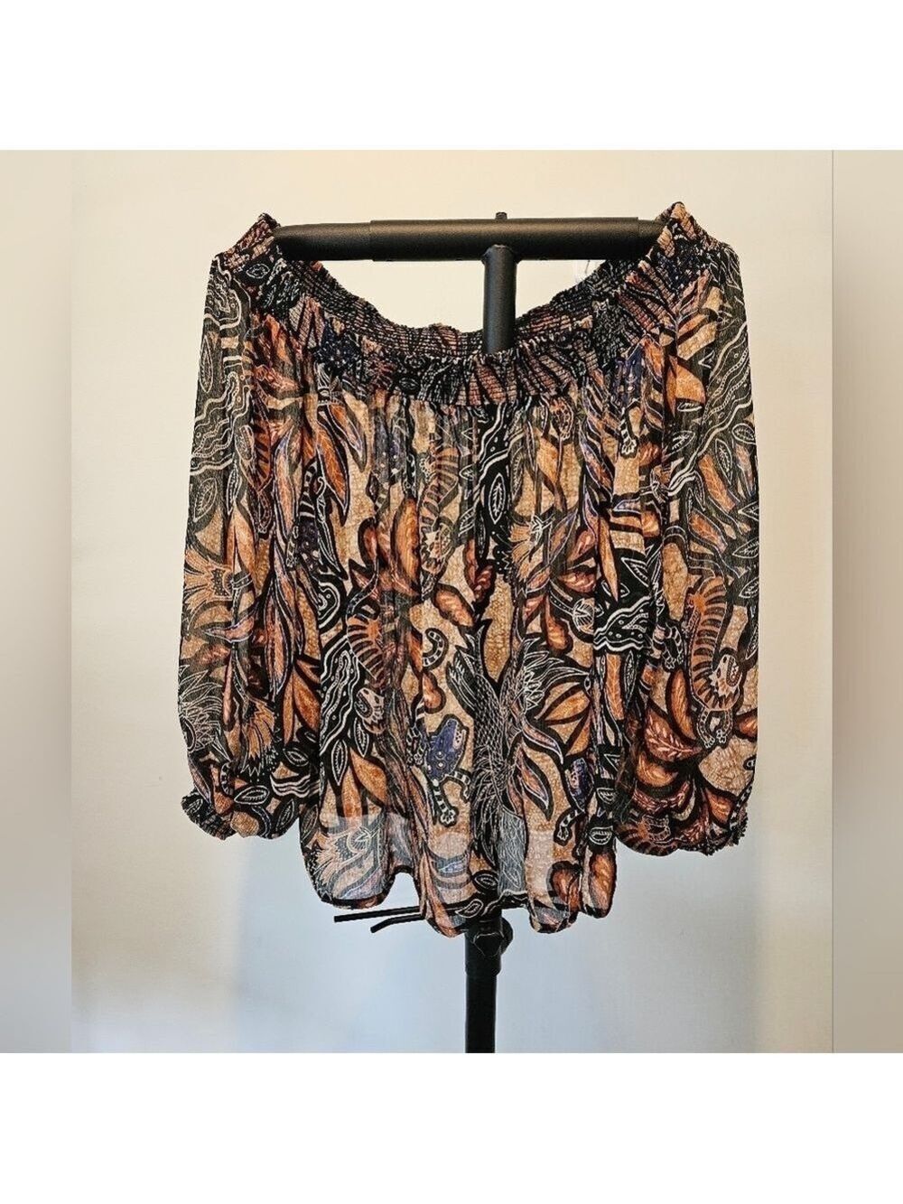H&M WOMEN'S WARM TONES ANIMAL & FLORAL PRINT ON/OFF SHOULDER BLOUSE SIZE 14
